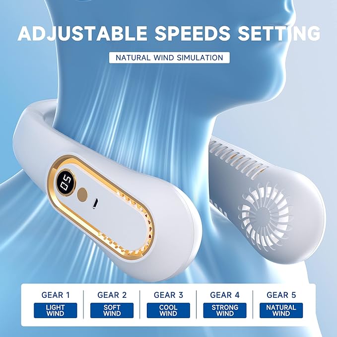 ❄️ Rechargeable Neck Fan — Strong Turbo Cooling Wind & 5-Speed Hands-Free Comfort
