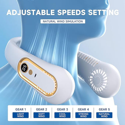 ❄️ Rechargeable Neck Fan — Strong Turbo Cooling Wind & 5-Speed Hands-Free Comfort