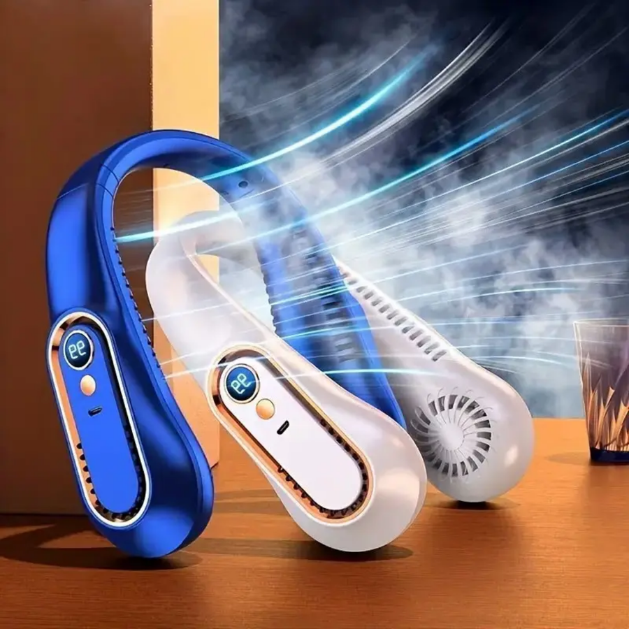 ❄️ Rechargeable Neck Fan — Strong Turbo Cooling Wind & 5-Speed Hands-Free Comfort